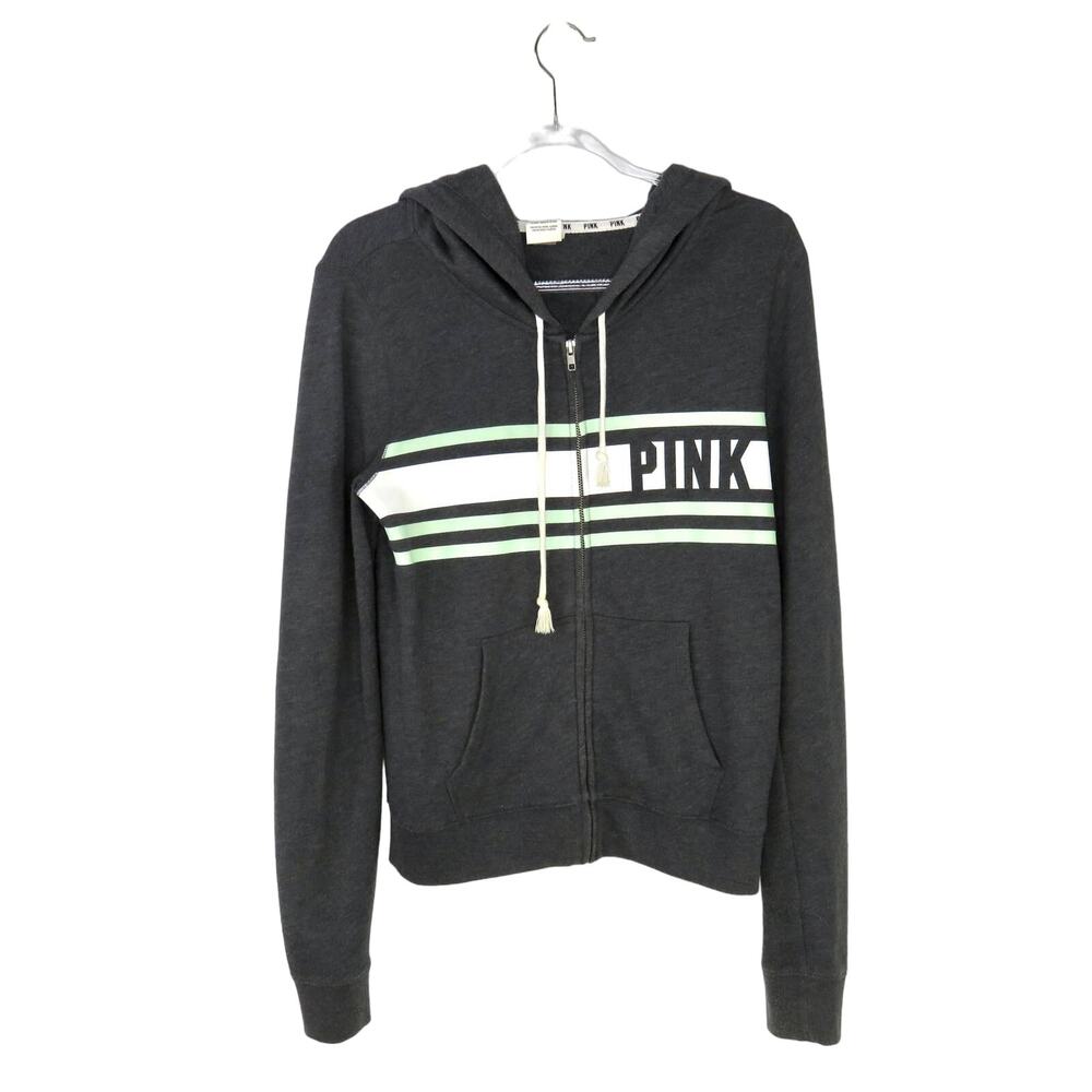 VS PINK Gray Pullover Hoodie Sweatshirt Mint Green Graphic Detail Medium